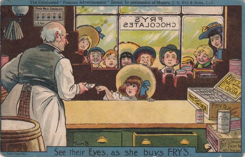 An Edwardian Fry's Chocolate advertising postcard of children at a sweet-shop window